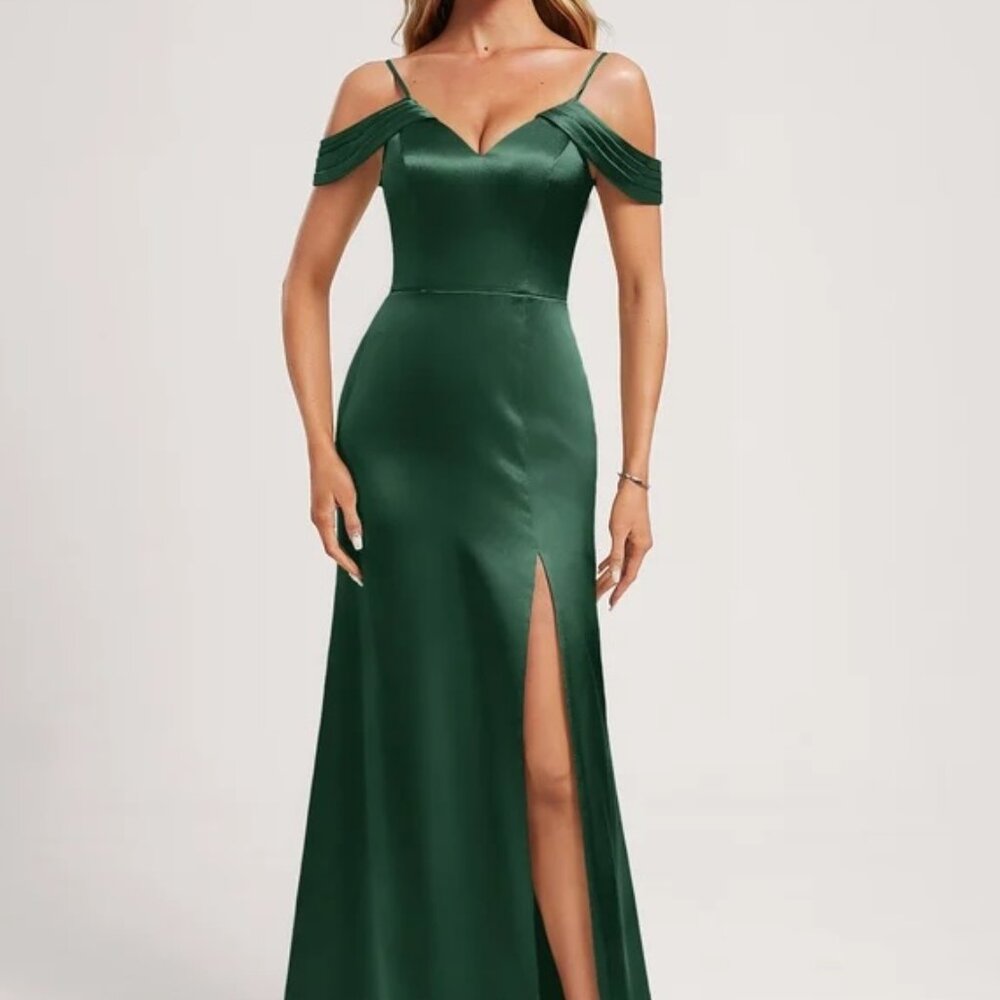 Off the Shoulder Floor-Length Stretch Satin Bridesmaid Dress - Hunter Green Sz 8